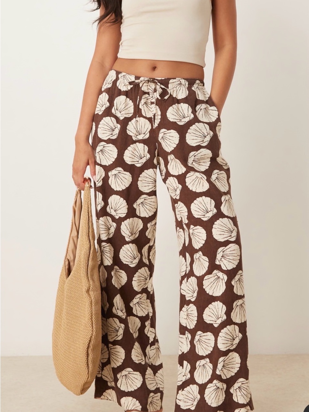 Abercrombie & Fitch linen wide leg pull on trousers in brown shell print
